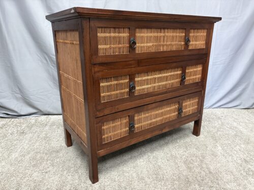 Dark Wood & Rattan 3-Drawer Chest