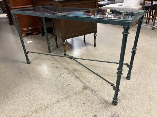 Green Wrought Iron Console Table w/ Glass Top