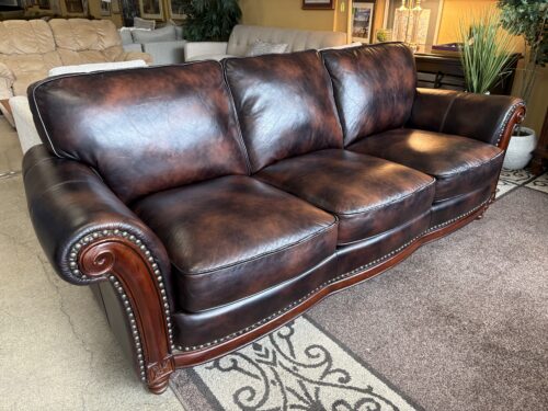 Chocolate Carved Wood Roll Arm Sofa w/ Nailhead Trim