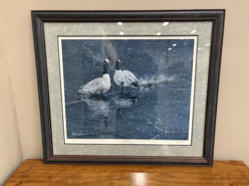 Singed Snowy Canadian Geese Art Print in Decorative Carved Wood Frame