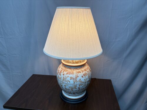 Vintage White & Orange Floral Pattern Jar Lamp w/ White Pleated Shade