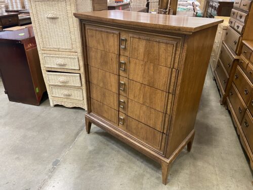 Vintage 70's English Walnut Tallboy 5 Dresser with Brass Pulls and Tapered Legs