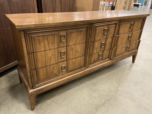 Vintage 70's English Walnut 9 Drawer Dresser with Brass Pulls and Tapered Legs