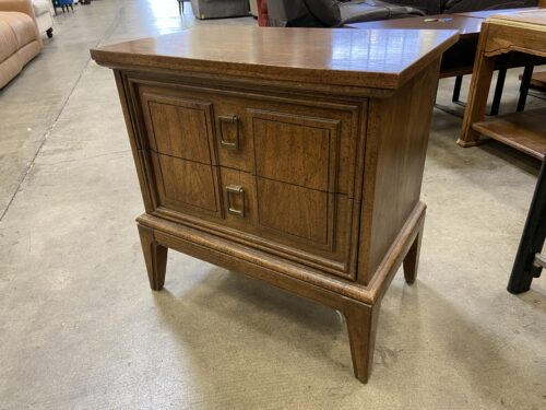 Vintage 70's English Walnut Nightstand with Brass Pulls and  Tapered Legs
