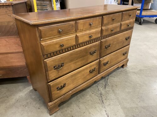 Vintage 6 Drawer Dresser with Geometric Carved Wood Details