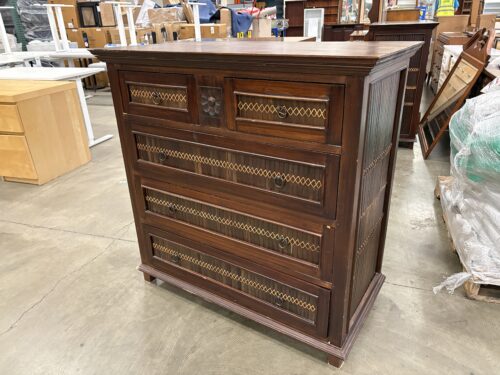 Dark Finished Teak 5 Drawer Chest Style Dresser with Rattan Drawer Fronts