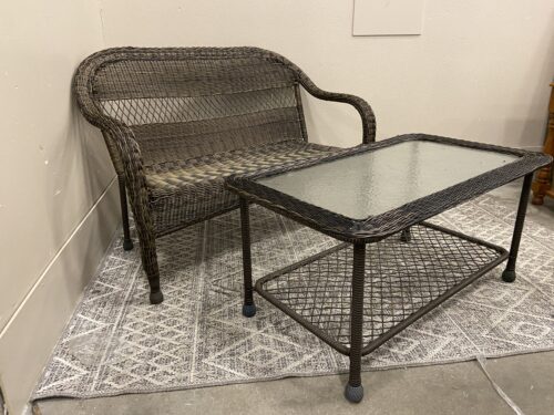 Outdoor Rattan Patio Loveseat with Glass Top Coffee Table