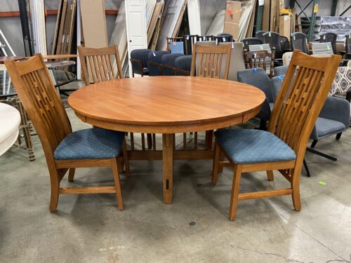 Vintage Mission Style Dining Room Set with Round Table and Upholstered Chairs  (Set of 4)