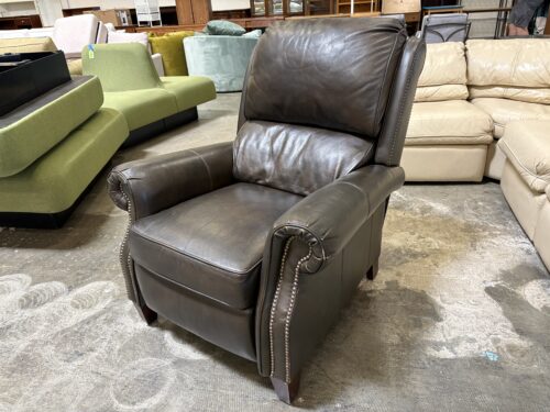 Deep Grey Brown Leather Push-to-Recline Armchair with Nailhead Trim