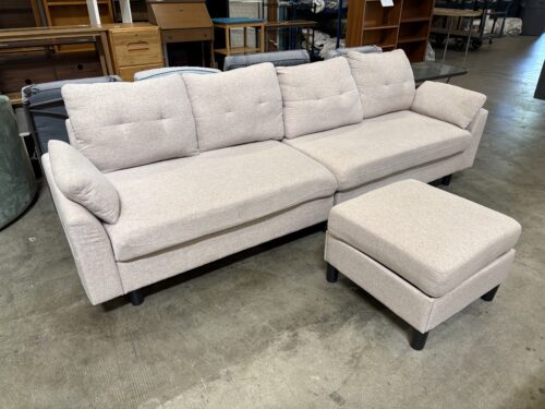 Heathered Blush Pink Wide Seat Sofa with Ottoman and Side Storage Pockets