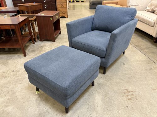 Denim Blue Track Arm Accent Chair and Ottoman with Dark Finished Wooden Legs