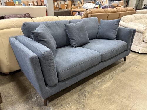 Modern Denim Blue Track Arm Low Back Sofa with Dark Finished Wooden Legs and Cushioned Sides