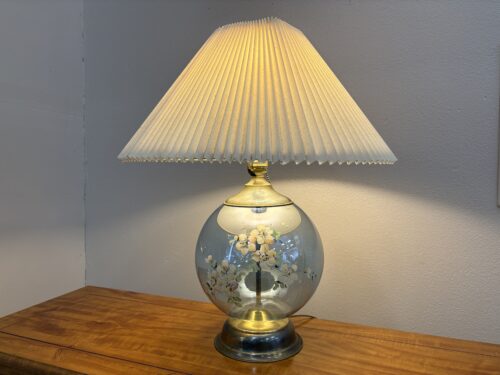 Vintage Clear Glass Globe Table Lamp with Hand Painted Floral Details and Accordion Shade