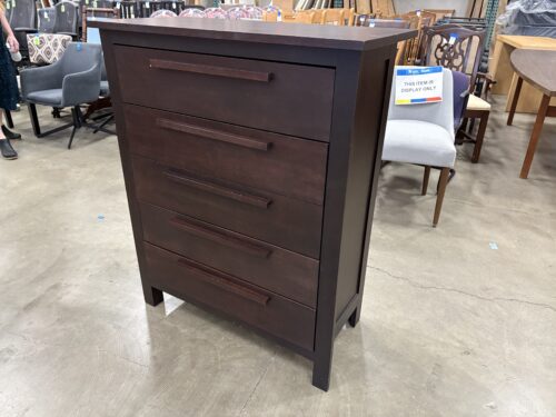 Espresso Finished 5 Drawer Chest Style Dresser with Wooden Rail Pulls