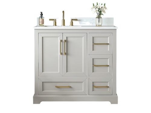 NEW! DELUXE LIVING Snowline 36-in Greige Undermount Single Sink Bathroom Vanity with Carrara White Engineered Stone Top (Fully Assembled)