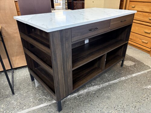 Dark Wood & White Marble Pattern Top Kitchen Island