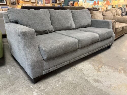 BROYHILL Grey Fabric 3-Seat Sofa w/ Nailhead Trim