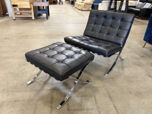 Black Button Tufted Leather Lounge Chair and Ottoman with Crossed Chrome Base
