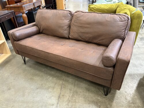 Petite Pebbled Chocolate Brown Tufted Loveseat with Black Metal Hairpin Legs