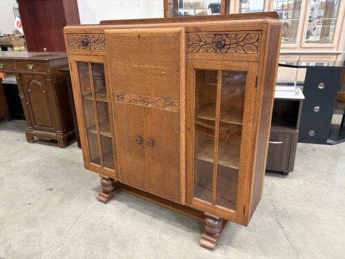 Antique Oak Secretary Desk and Curio Cabinet with Carved Floral Details