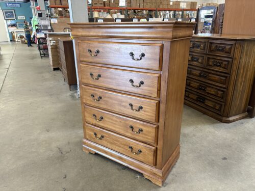 Vintage Maple Finish Tallboy 5 Drawer Dresser with Brass Swing Pulls