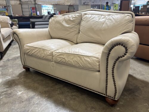 ETHAN ALLEN  Vintage Beige Leather Loveseat with Nailhead Trim