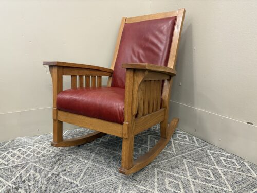 Mission Style Wooden Rocking Chair with Red Leather Cushion
