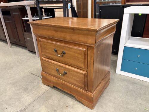 Vintage Maple Finish Wooden 2 Drawer Nightstand with Brass Swing Pulls