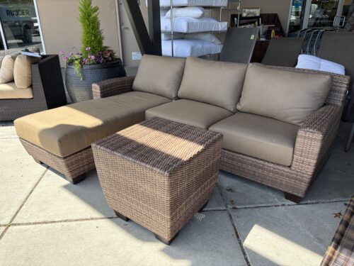 Light Outdoor Wicker Sectional & Coffee Table w/ Tan Cushions