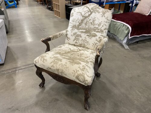 Espresso Finished Bergere Style Armchair with Goddess of the Hunt Upholstery