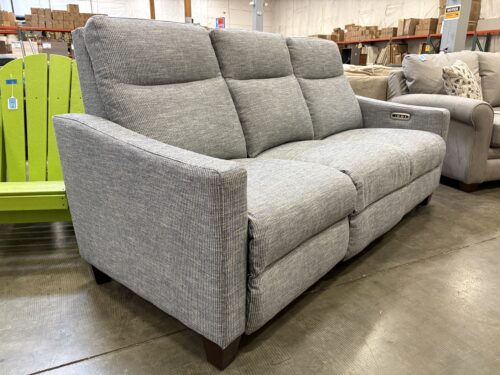 LA-Z-BOY Quinault Heathered Light Blue Piped 3 Seat Dual Recliner Loveseat