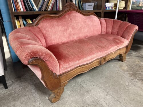 Antique Carved Wood Framed Pink Velvet Loveseat