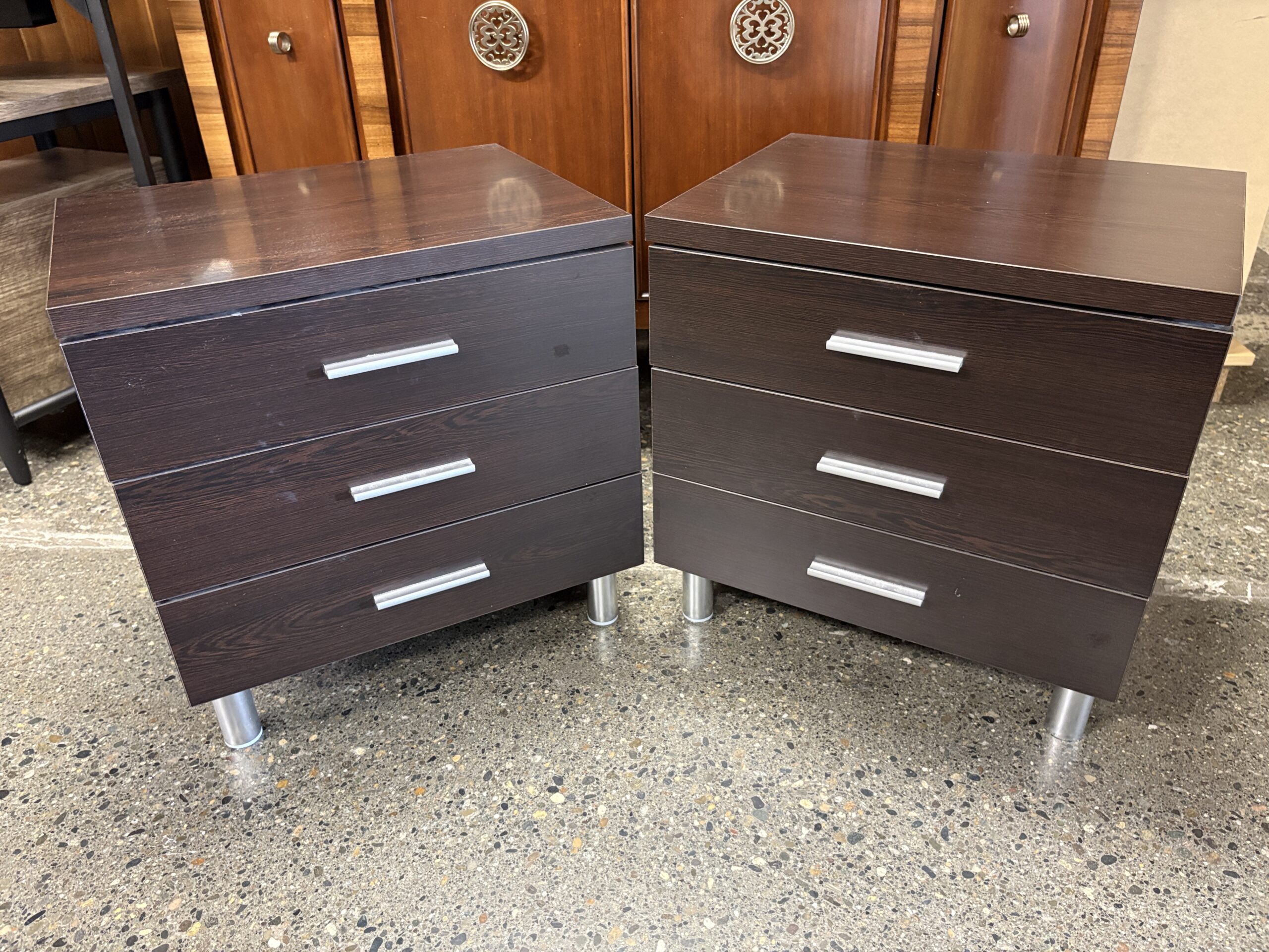 Dark Stained 3-Drawer Nightstands w/ Chrome Accents (Set of 2)