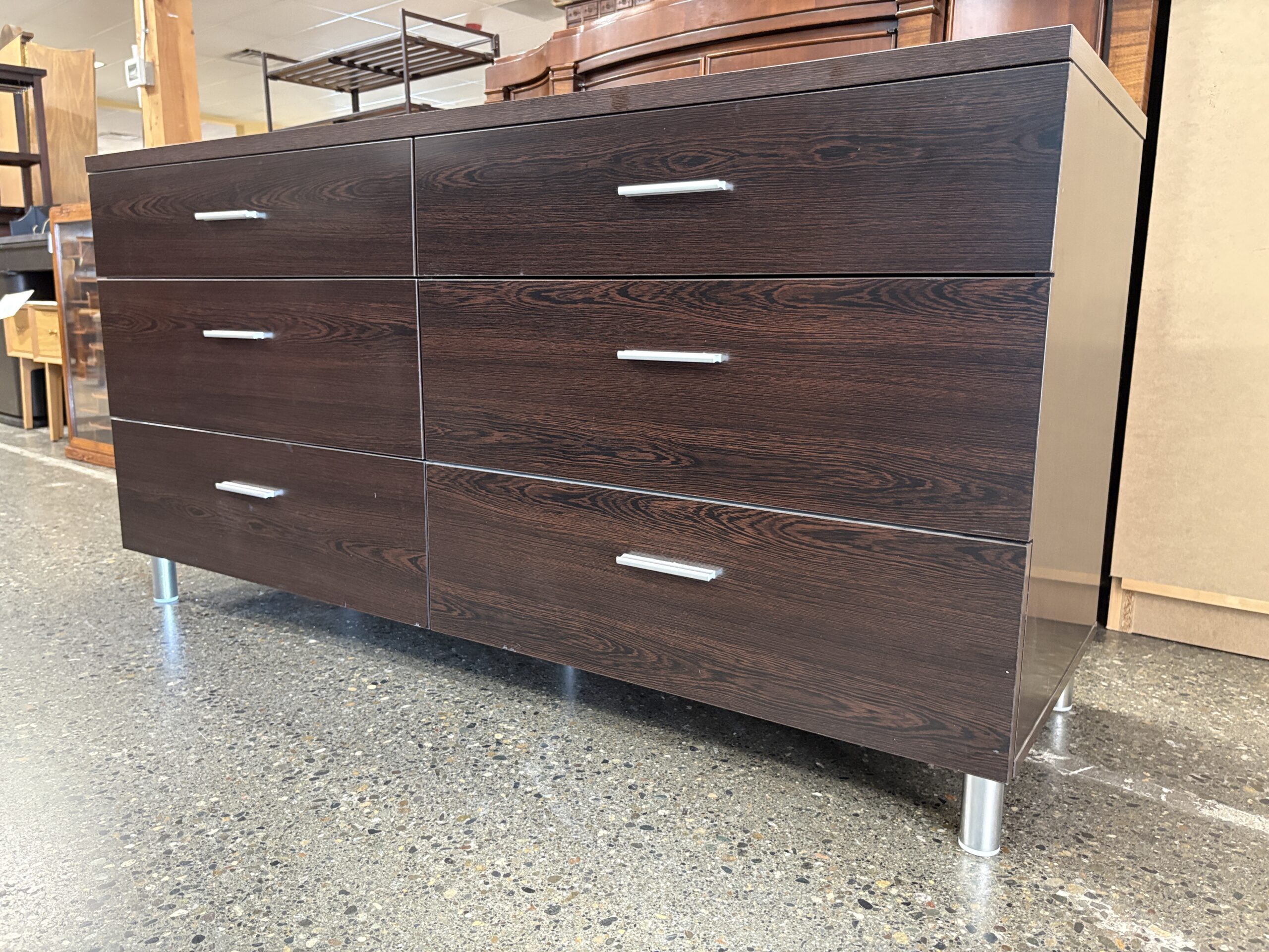 Dark Stained 6-Drawer Dresser w/ Chrome Accents