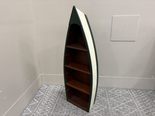 Dark Finished 4 Tier Boat Shaped Bookshelf with Hunter Green and Cream Exterior