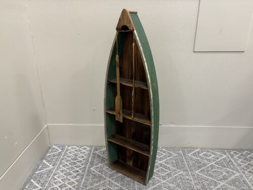 Shallow Rustic Finished 4 Tier Boat Shaped Trinket Shelf with Ornamental Oars