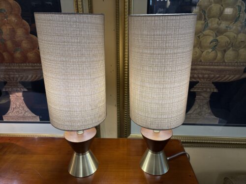 Modern Wood & Brass Table Lamp w/ Tall Fabric Shade (Set of 2)