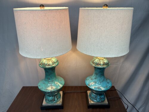 Distressed Turquoise Ceramic Table Lamp w/ Beige Shade (Set of 2)