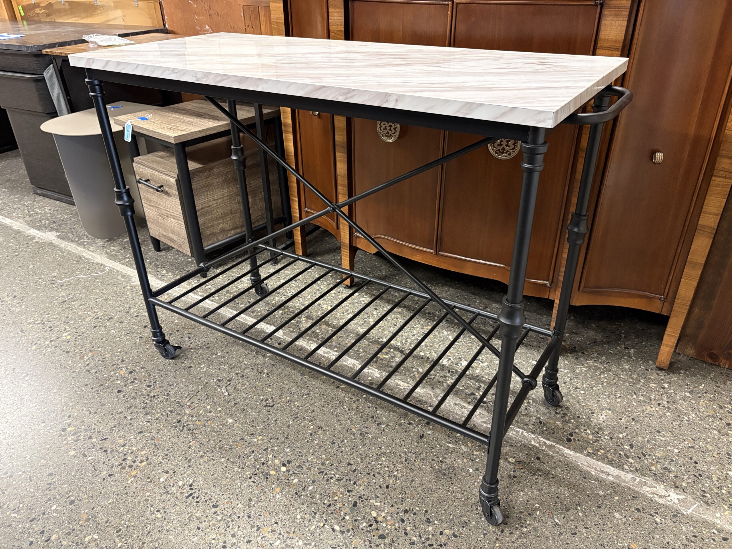 Black Rolling Marble Pattern Top Kitchen Island