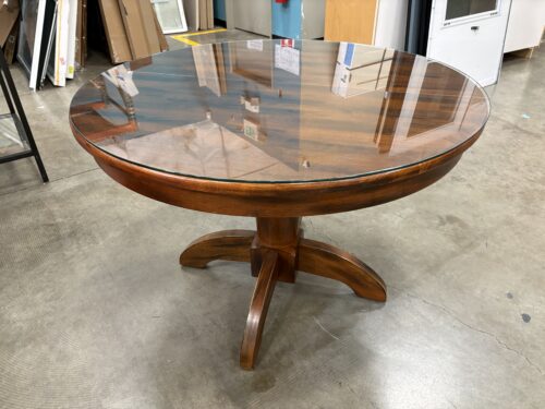Dark Finished Round-to-Oval Extendable Dining Table with Interior Leaf and Glass Top