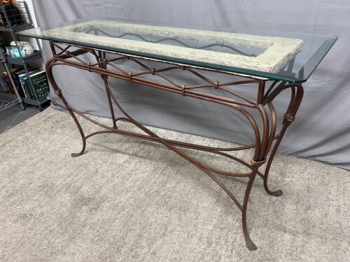 Vintage Glass & Painted Stone Top Metal Base Console Table