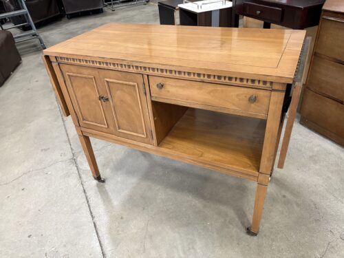 Vintage Petite Light Wood Rolling Single Drawer Drop-Leaf Buffet
