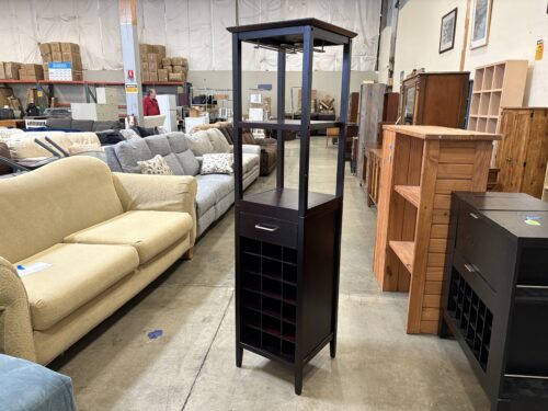 Dark Cherry Finished Wine Storage Tower with Hanging Glass Rack