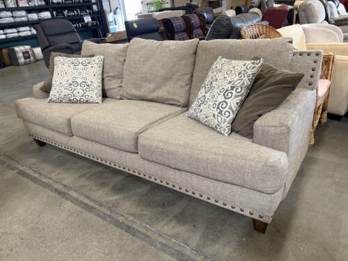 Heathered Light Brown Herringbone 3 Seat Sofa with Nailhead Trim