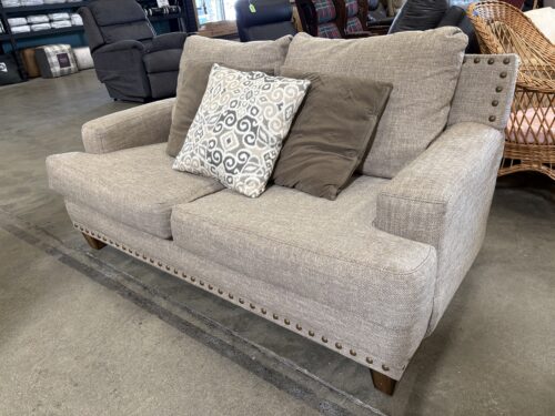 Heathered Light Brown Herringbone Loveseat with Nailhead Trim