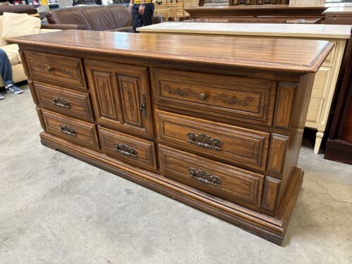 Vintage Wooden 9 Drawer Triple Dresser with Carved Floral Details