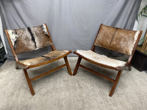 Teak MCM Style Hair & Hide  Lounge Chair (Set of 2)