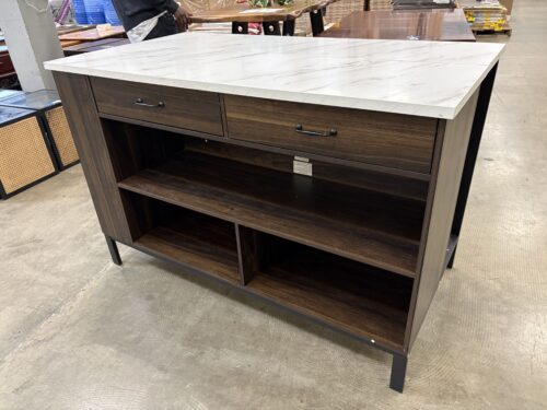 Dark Walnut Finished 2 Drawer Kitchen Island with Side Shelving and Marble Illusion Top