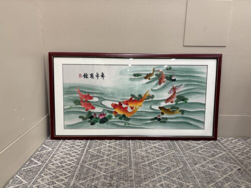 Vintage Framed Embroidery Koi Fish Fiber Art