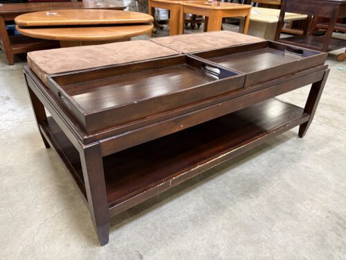 Black Cherry Finish Wooden Large Coffee Table with Ottoman Cushions and Removable Trays